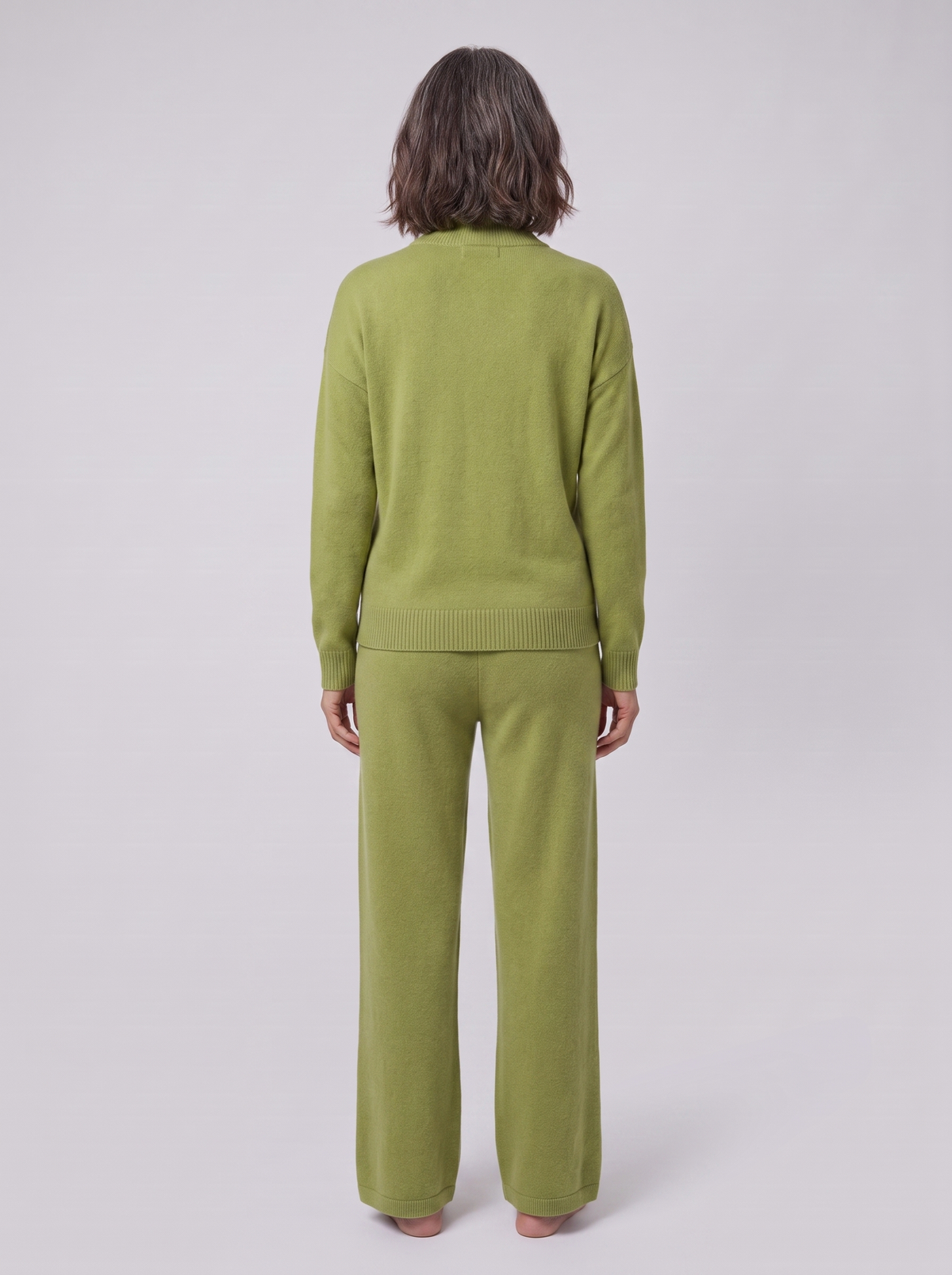 Margaux cashmere-blend lounge set in olive green, back view on model