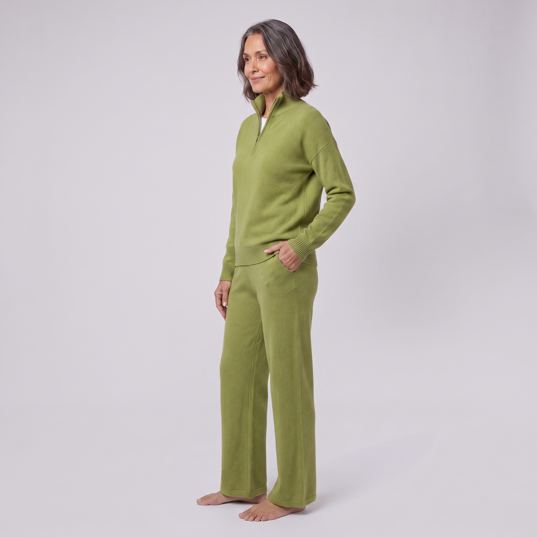 Margaux cashmere-blend lounge set in olive green, side view on model