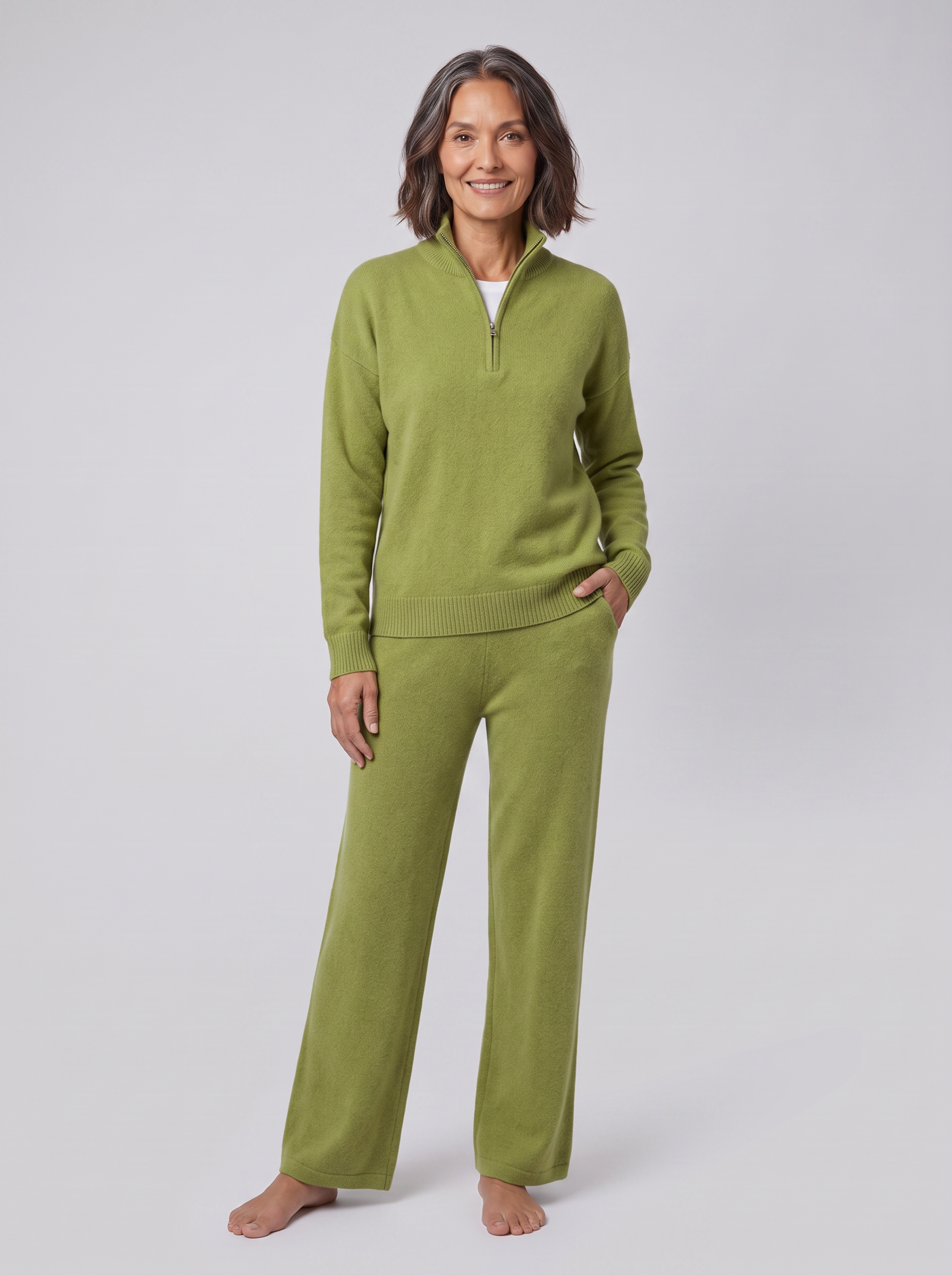 Margaux cashmere-blend half-zip lounge set in olive green on model