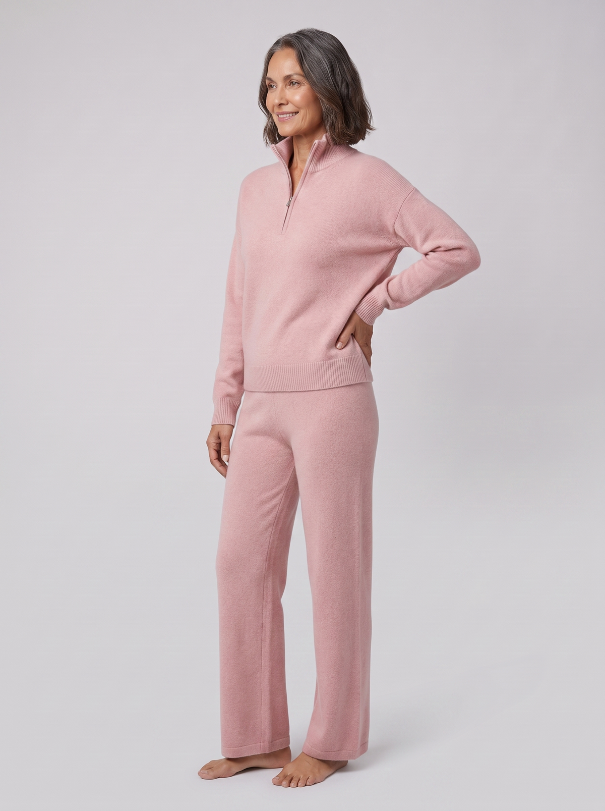 Margaux cashmere-blend half-zip lounge set in pink on model