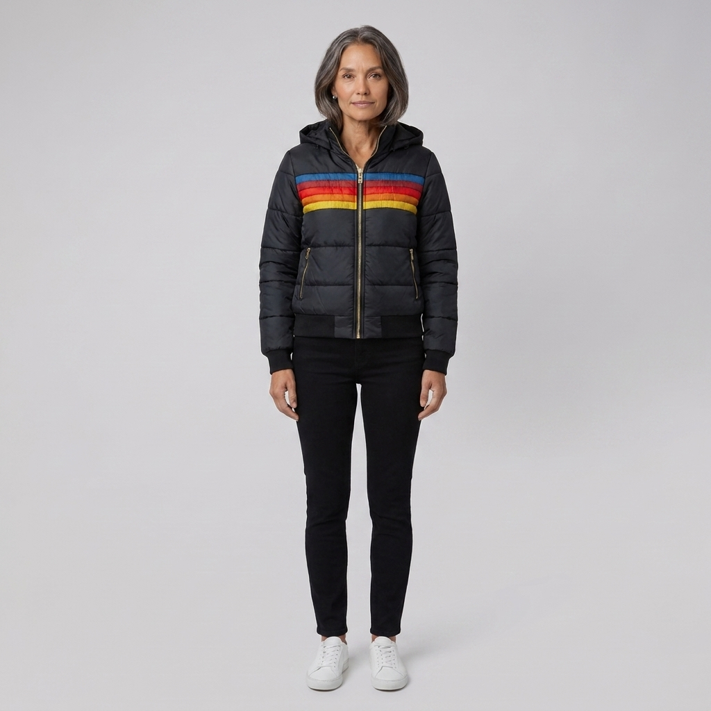 Mila retro rainbow stripe hooded puffer jacket in black on model