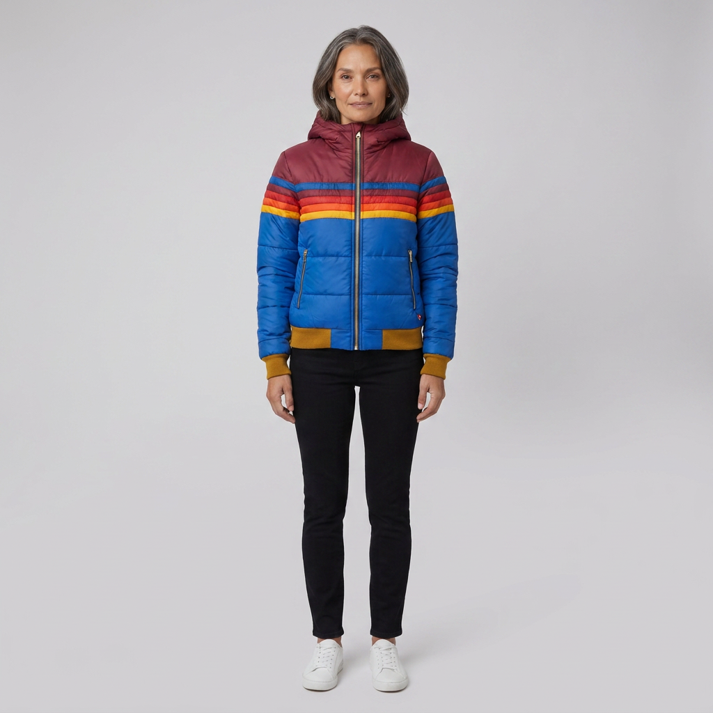 Mila retro rainbow stripe hooded puffer jacket in blue on model