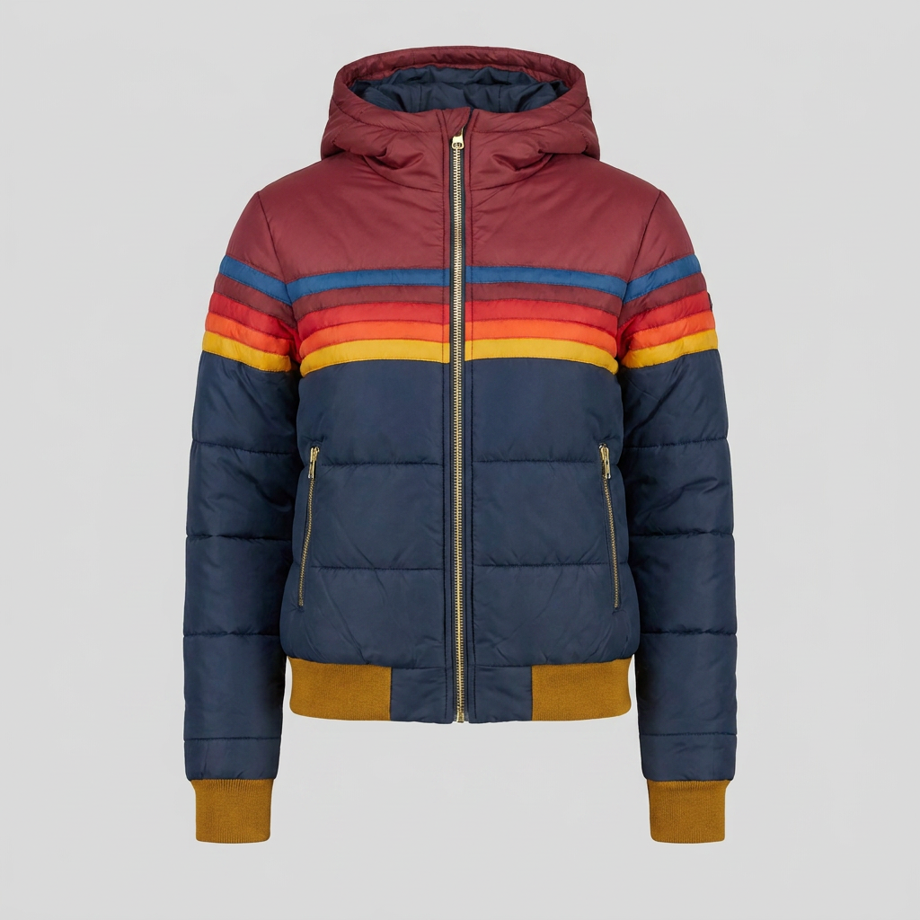 Mila retro rainbow stripe hooded puffer jacket, flat lay product shot
