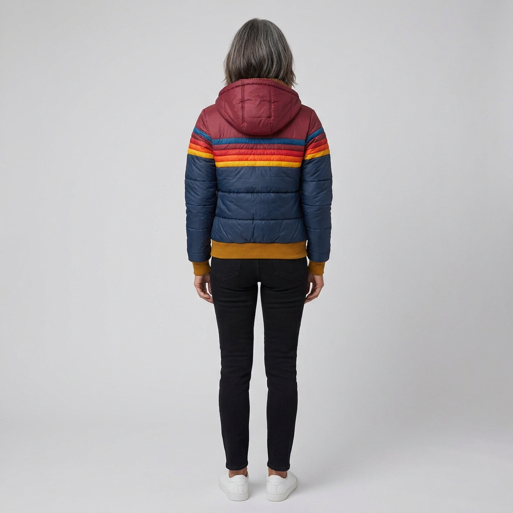 Mila rainbow stripe hooded puffer jacket in navy, back view on model