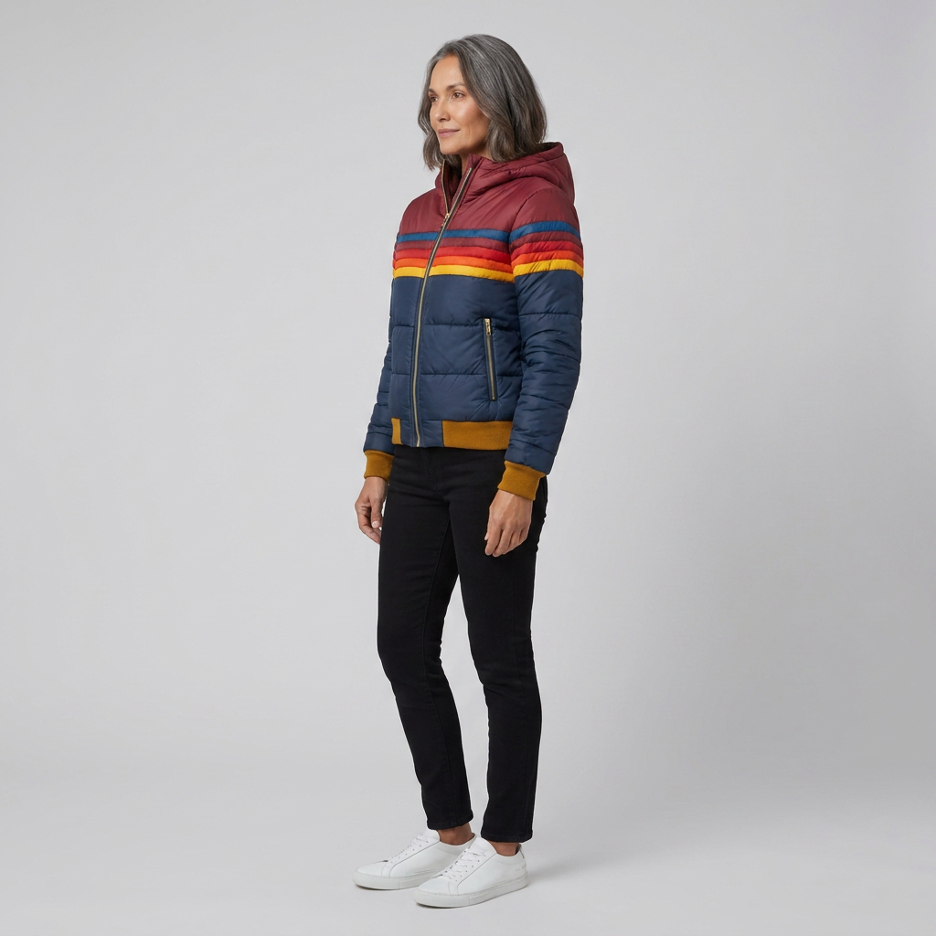 Mila rainbow stripe hooded puffer jacket in navy, side view on model