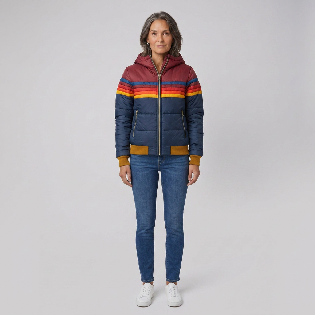 Mila retro rainbow stripe hooded puffer jacket in navy on model