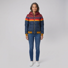 Mila retro rainbow stripe hooded puffer jacket in navy on model