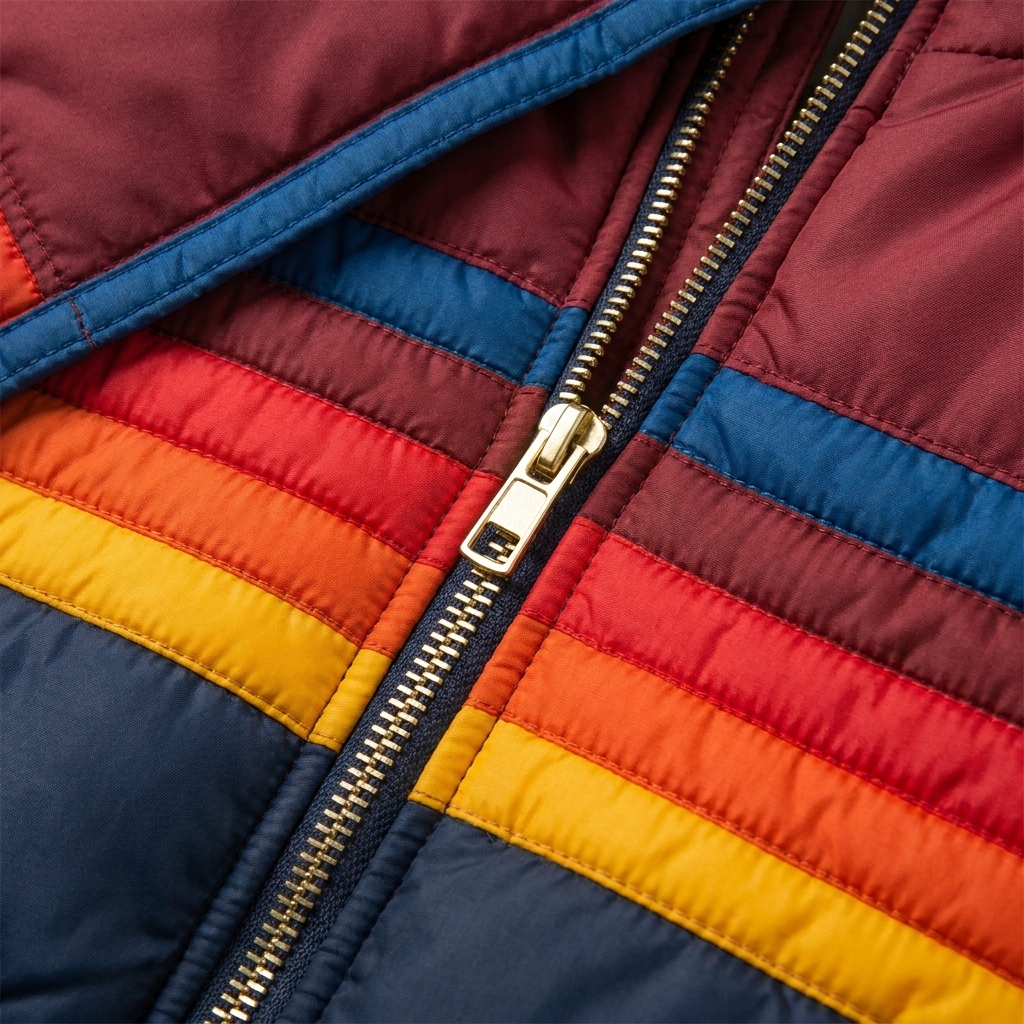 Mila puffer jacket rainbow stripe panel and zip close-up