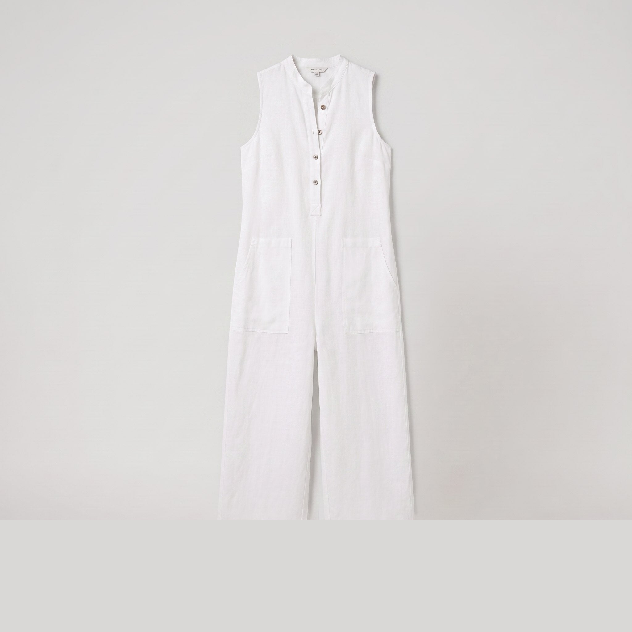 Mila sleeveless linen-blend jumpsuit in white, flat lay product shot