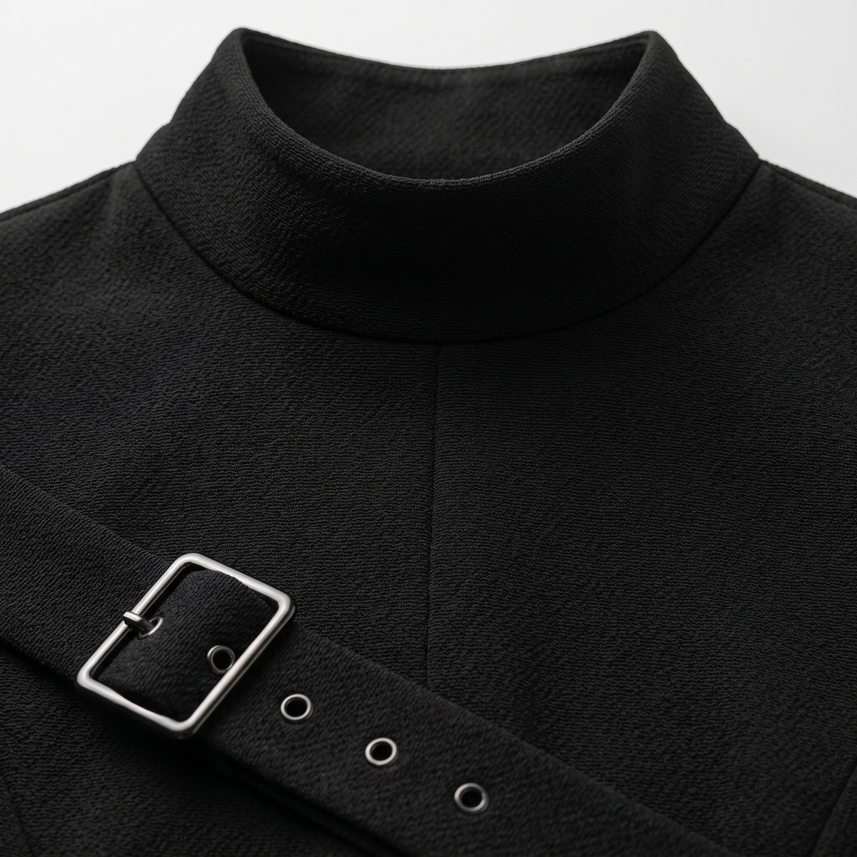 Nola midi dress stand collar and belt buckle close-up