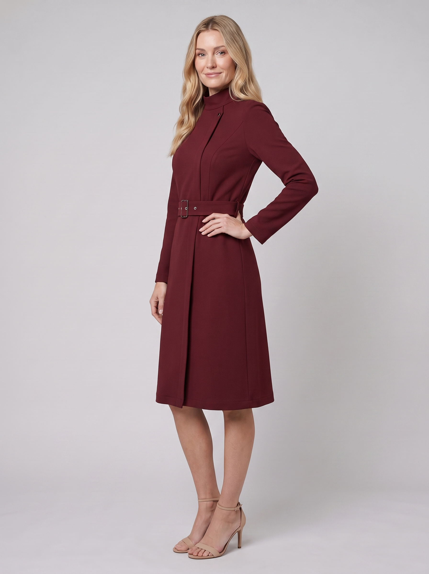 Nola belted A-line midi dress with stand collar in dark red on model