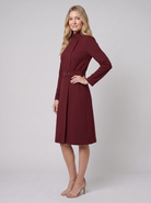 Nola belted A-line midi dress with stand collar in dark red on model
