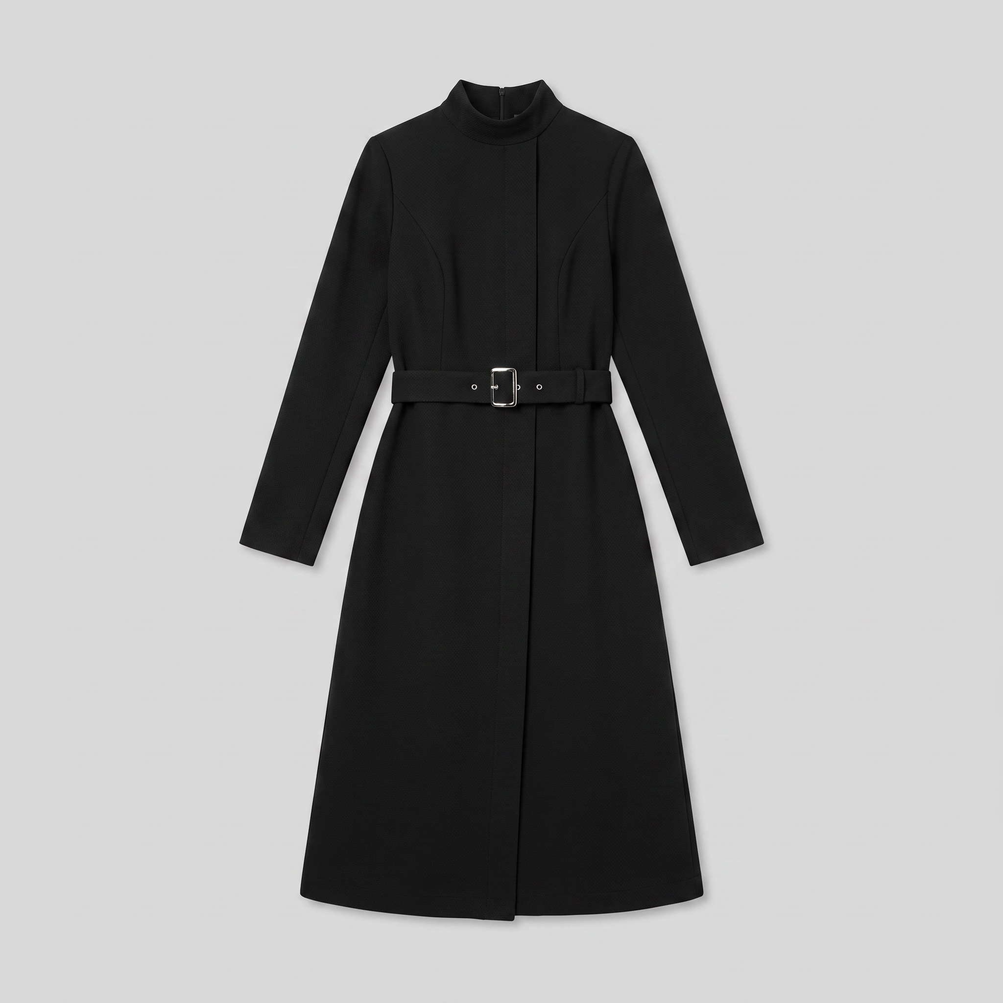 Nola belted A-line midi dress in black, flat lay product shot