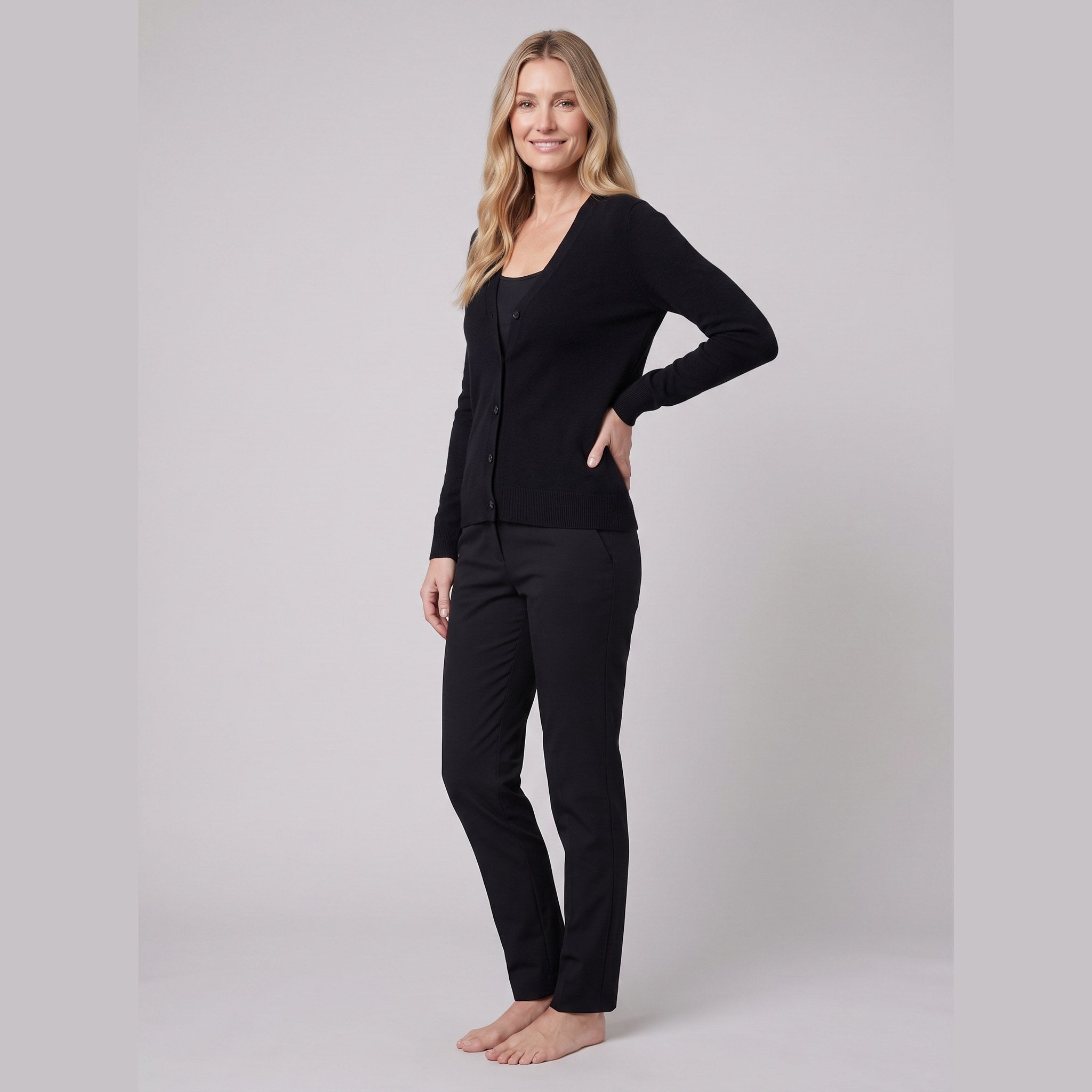 Nora wool-blend long open-front cardigan in black on model