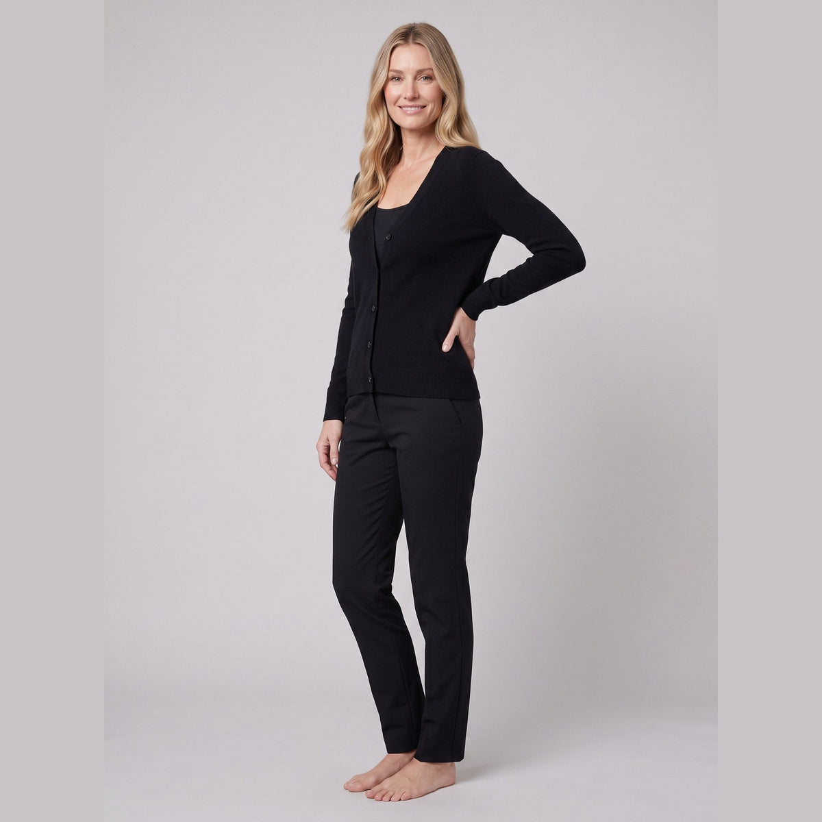 Nora wool-blend long open-front cardigan in black on model