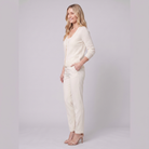 Nora long open-front cardigan in cream, side view on model
