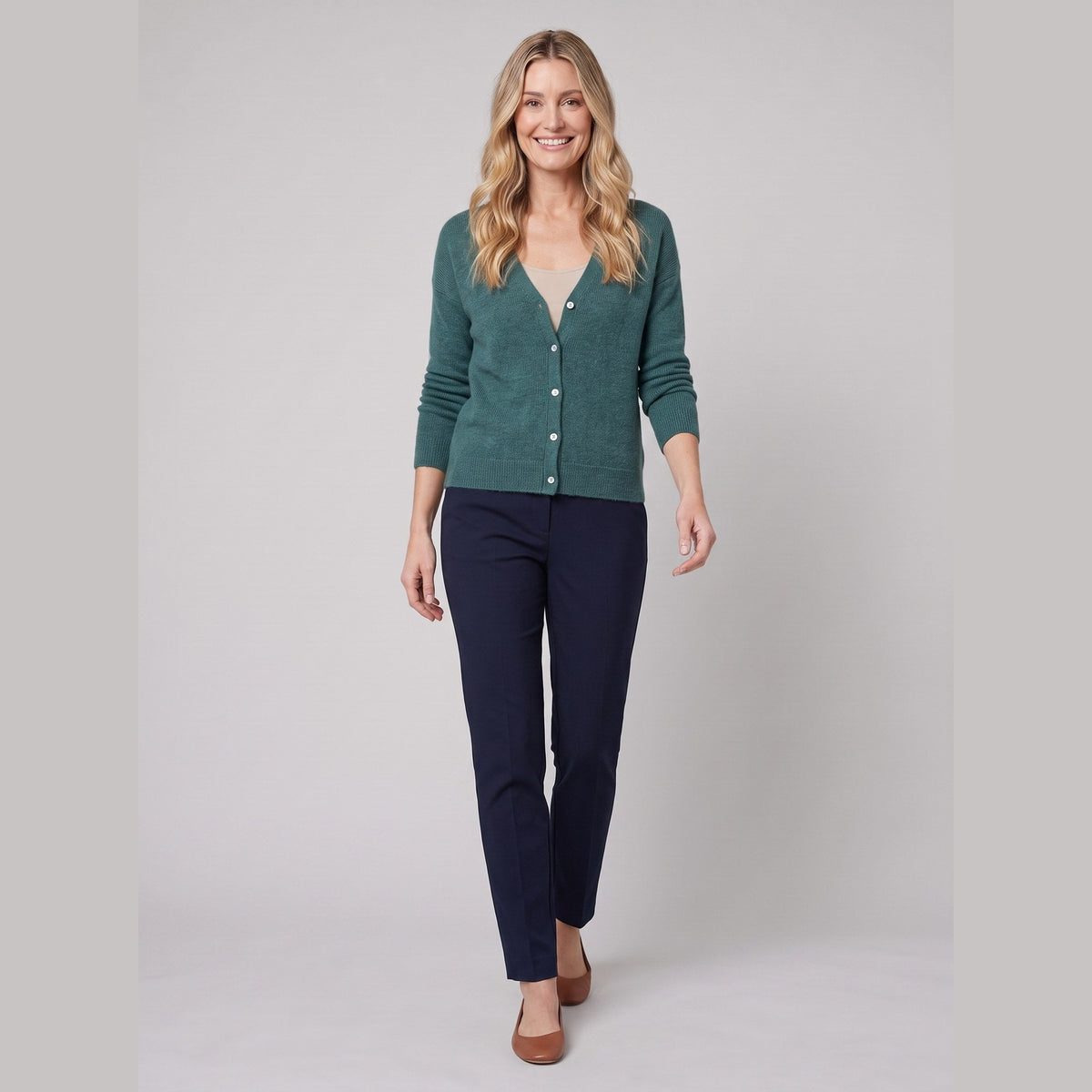 Nora wool-blend long open-front cardigan in green on model