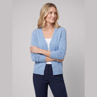 Nora wool-blend long open-front cardigan in light blue on model
