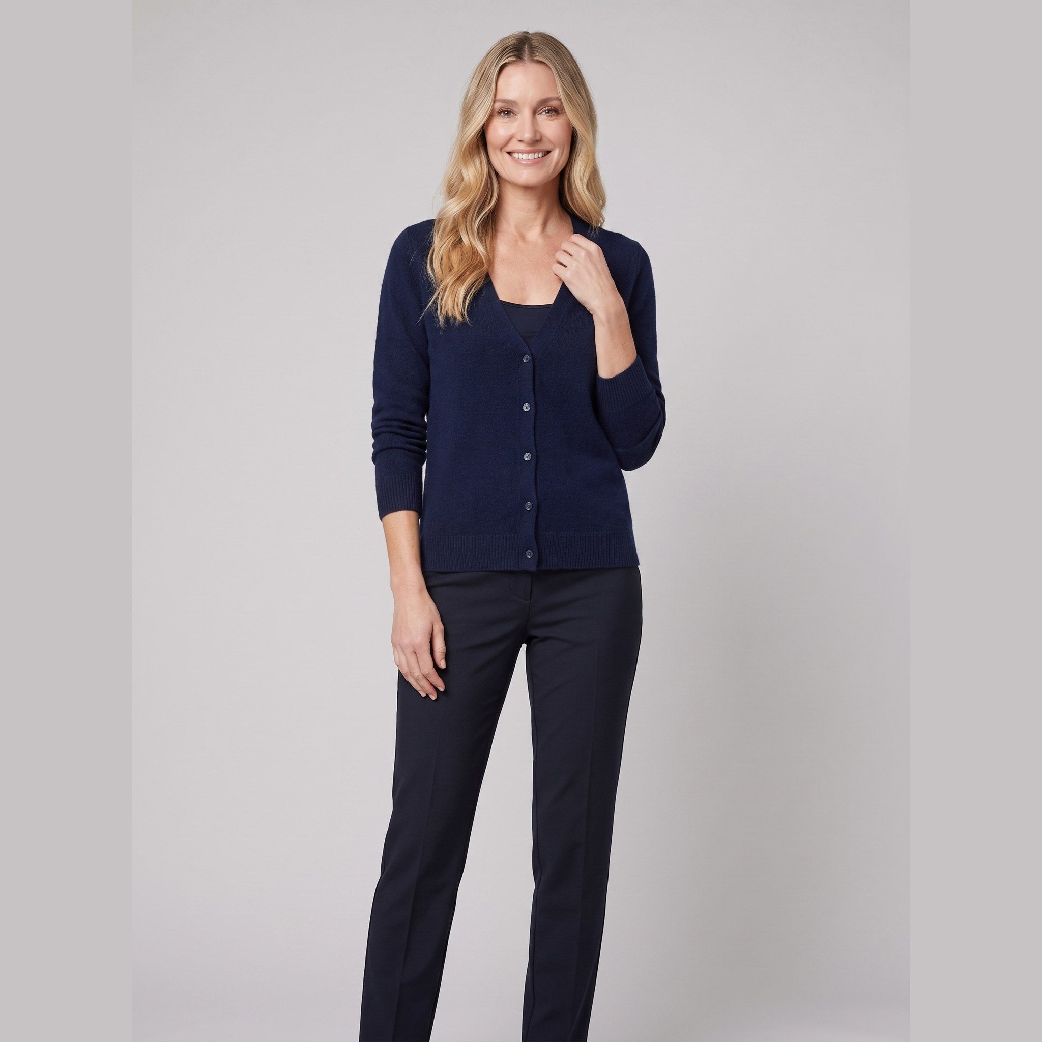 Nora wool-blend long open-front cardigan in navy on model