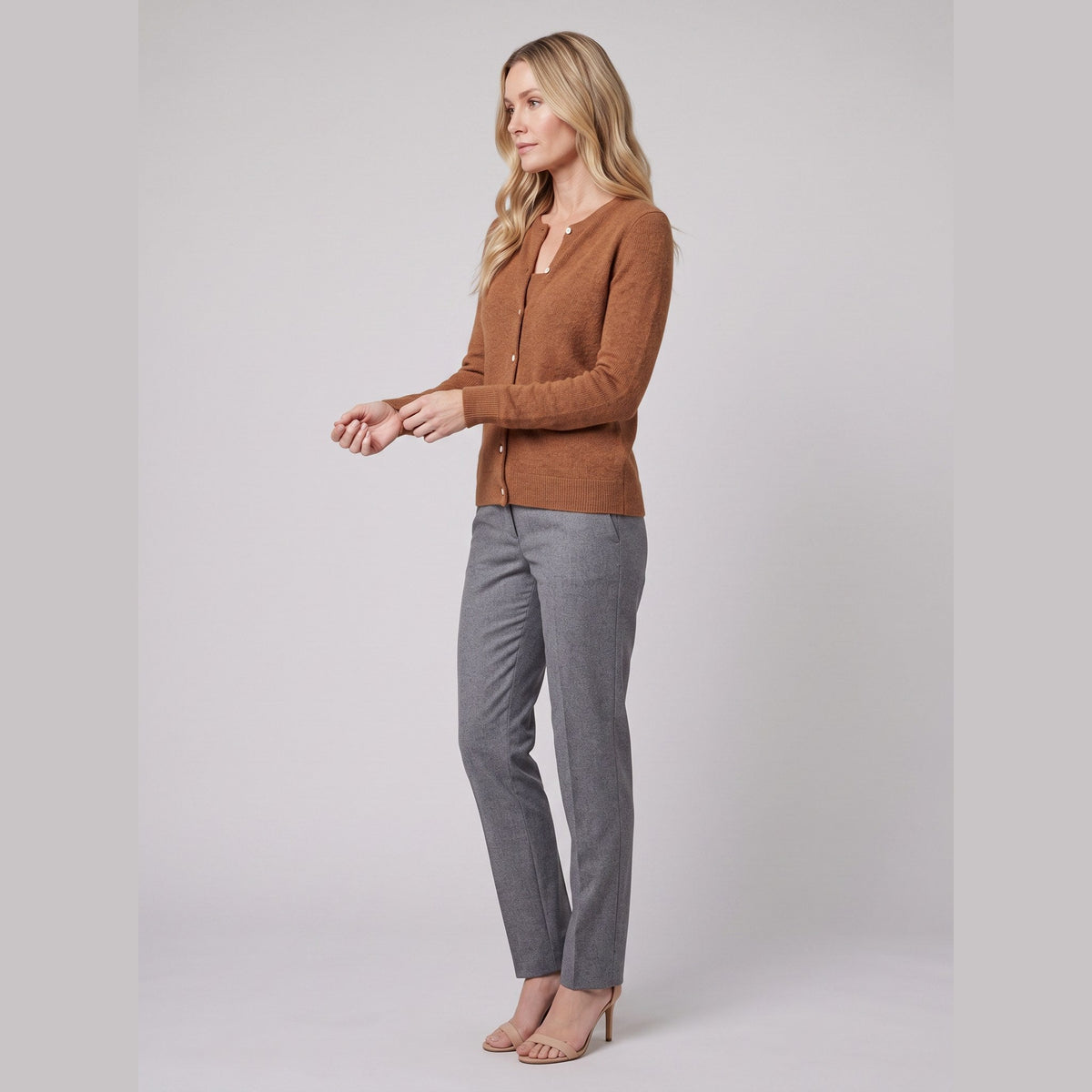 Nora wool-blend long open-front cardigan in rust on model