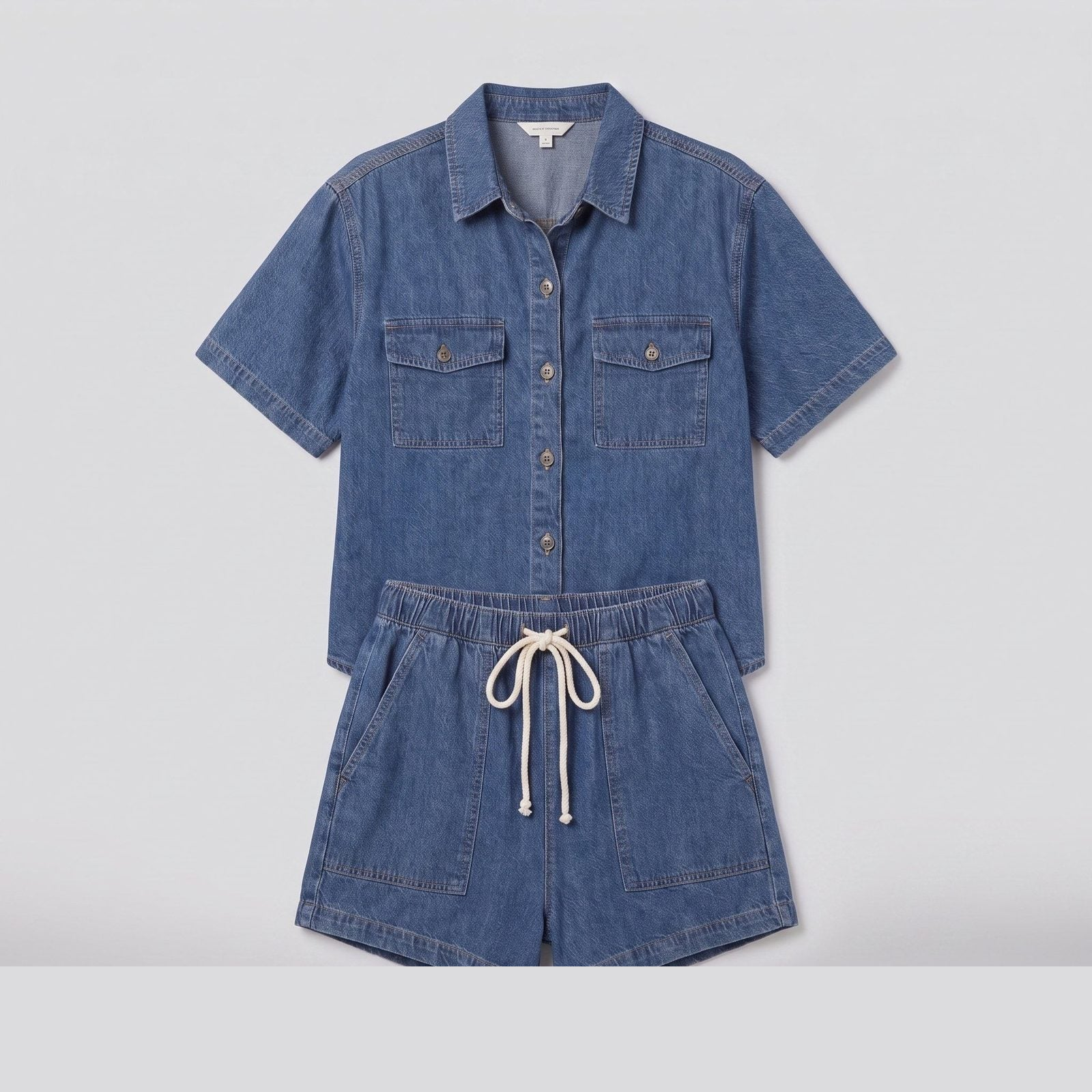 Olivia cotton-blend loungewear set in denim blue, flat lay product shot