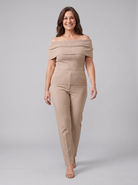 Oriana ribbed off-shoulder top in beige on model