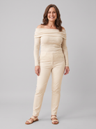 Oriana ribbed off-shoulder top in cream on model