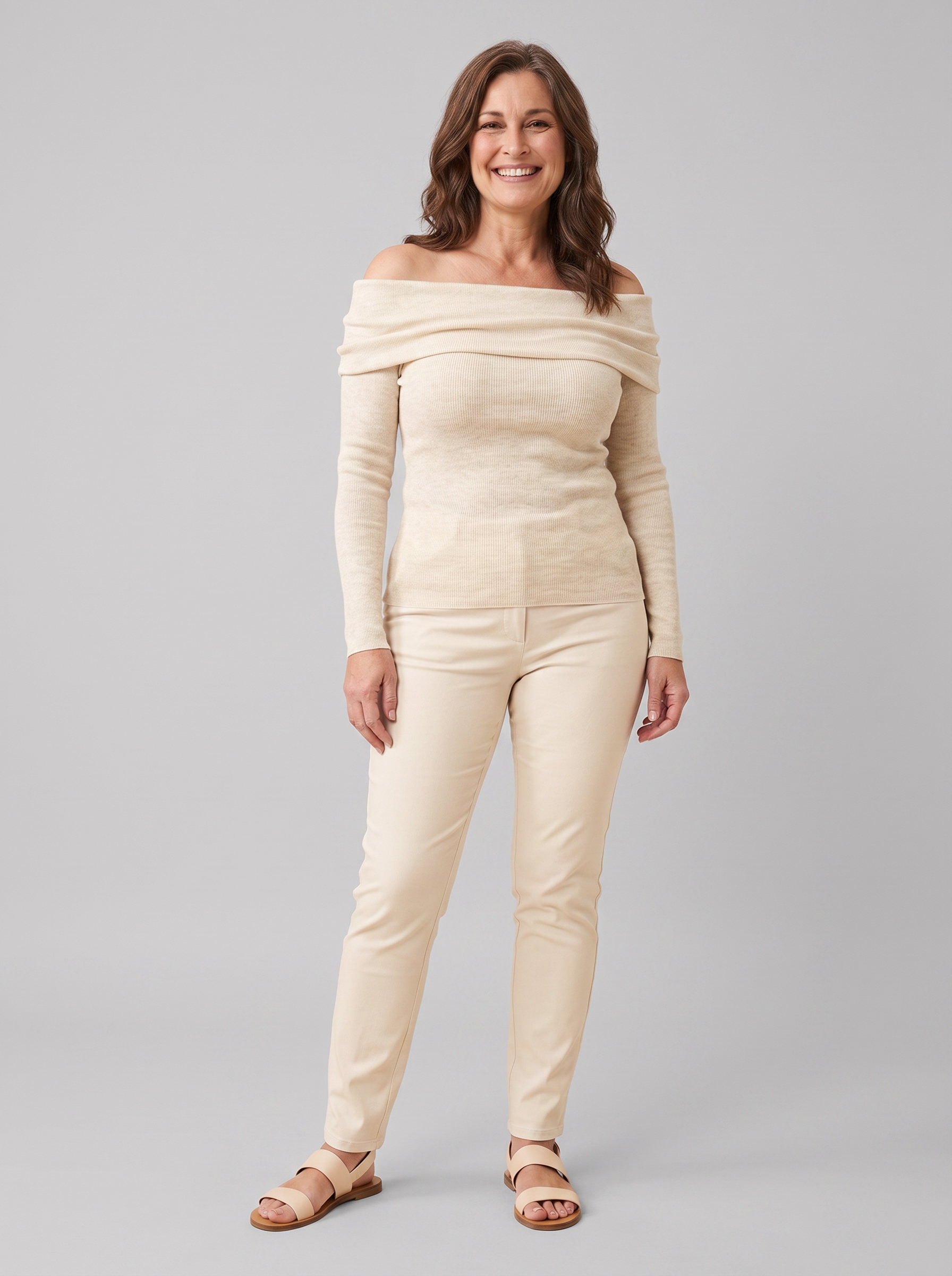 Oriana ribbed off-shoulder top in cream on model