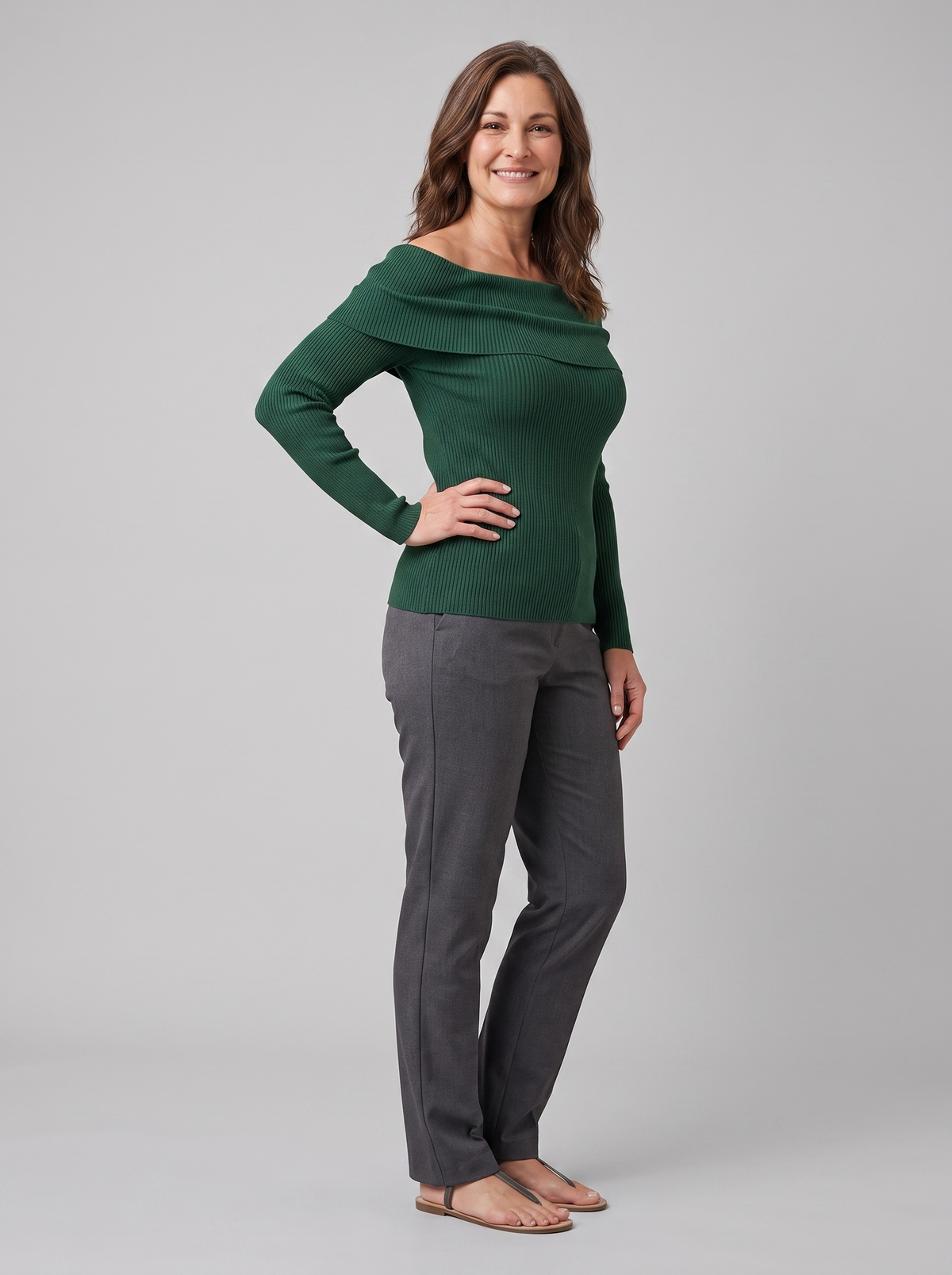 Oriana ribbed off-shoulder top in forest green on model