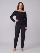 Oriana ribbed off-shoulder top in black on model