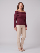 Oriana ribbed off-shoulder top in burgundy on model