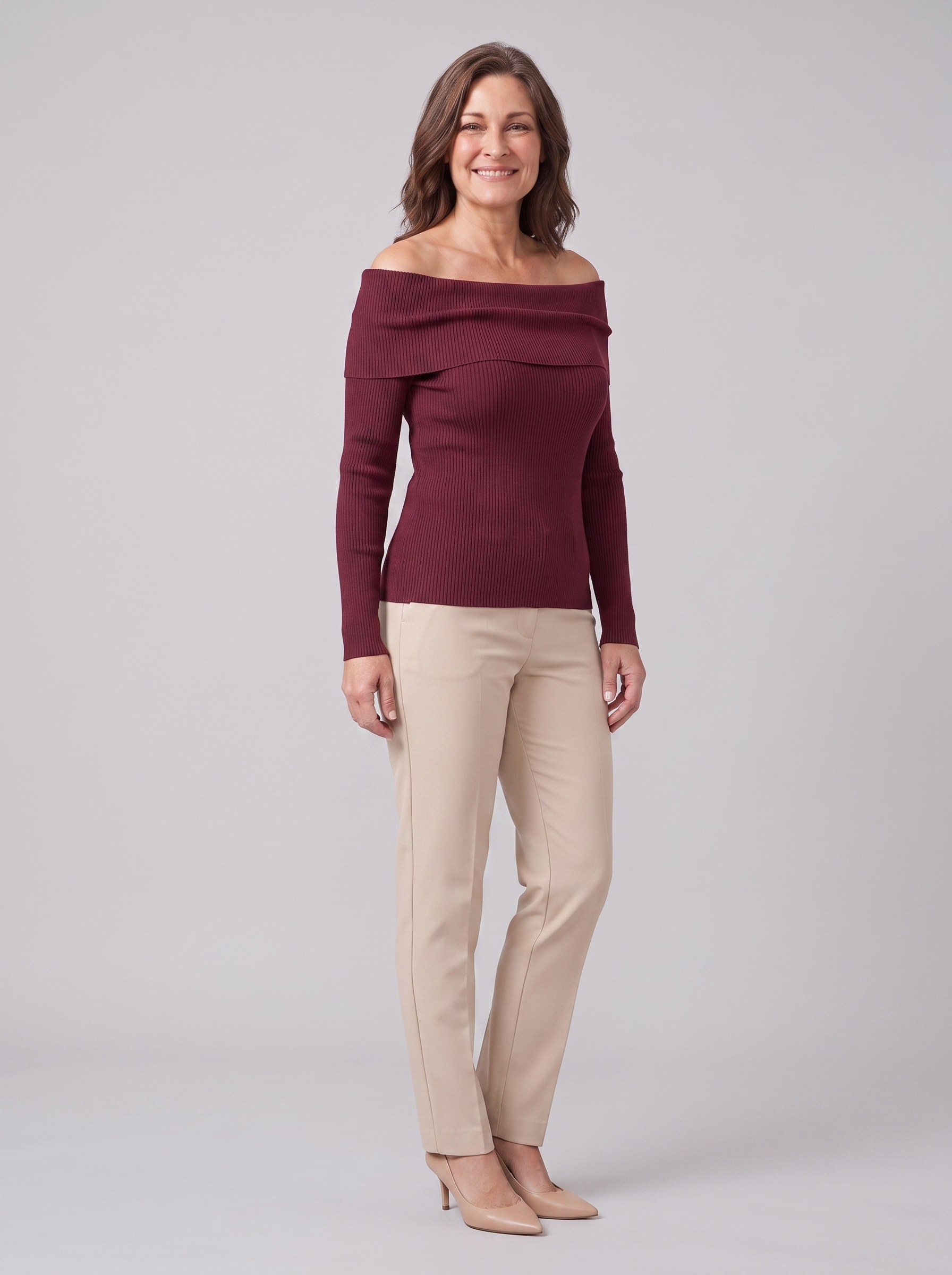 Oriana ribbed off-shoulder top in burgundy on model