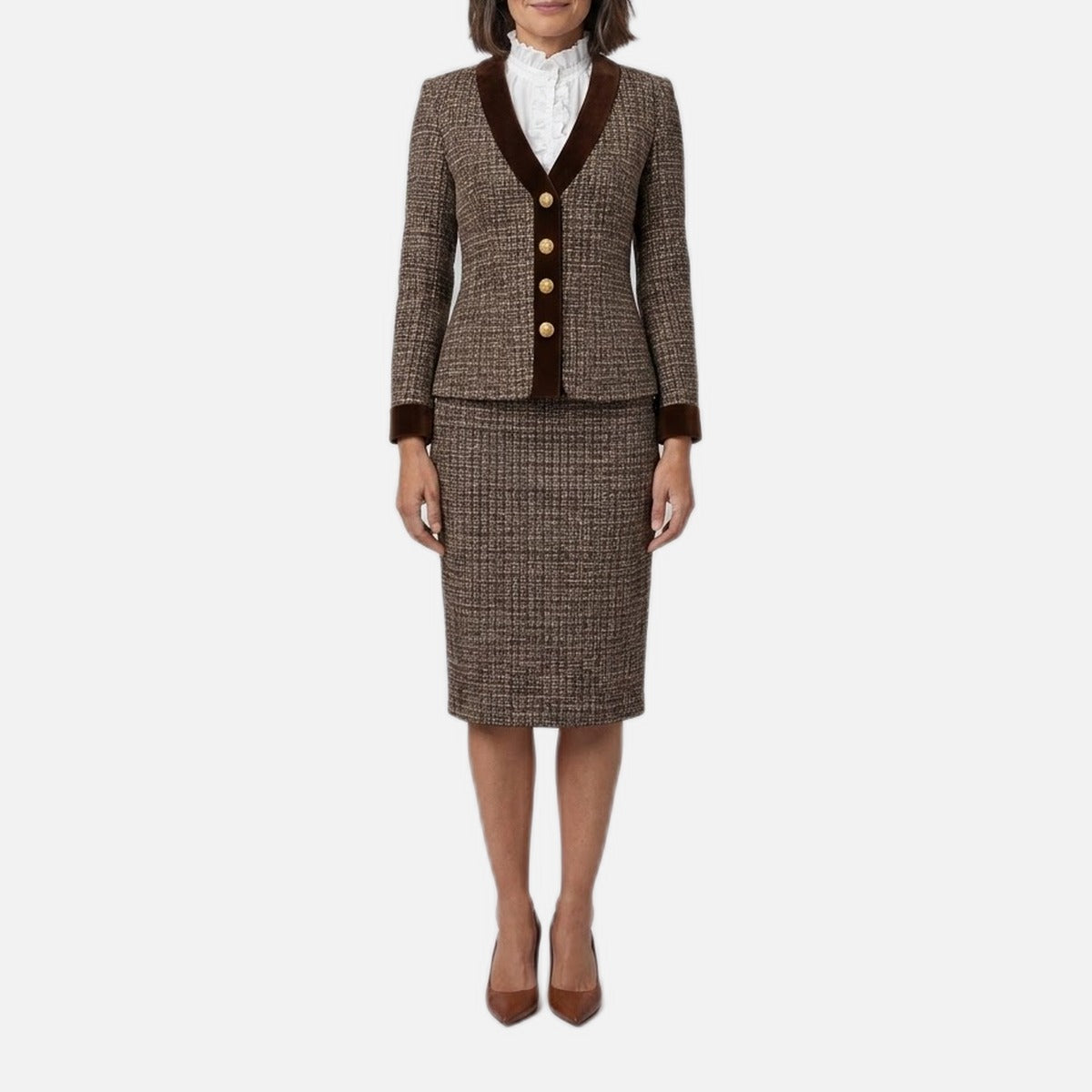 Women's Suit – Tweed Blazer and Pencil Skirt with Velvet Trim