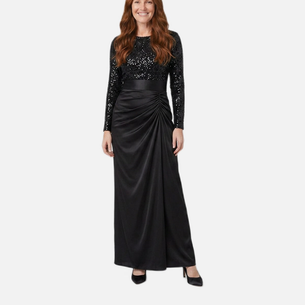 Women's Maxi Dress – Long Sleeve, Sequin Spliced, Floor-Length