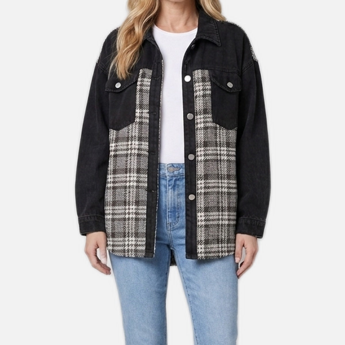 Women's Denim Jacket – Checked Panel Detail, Button Front