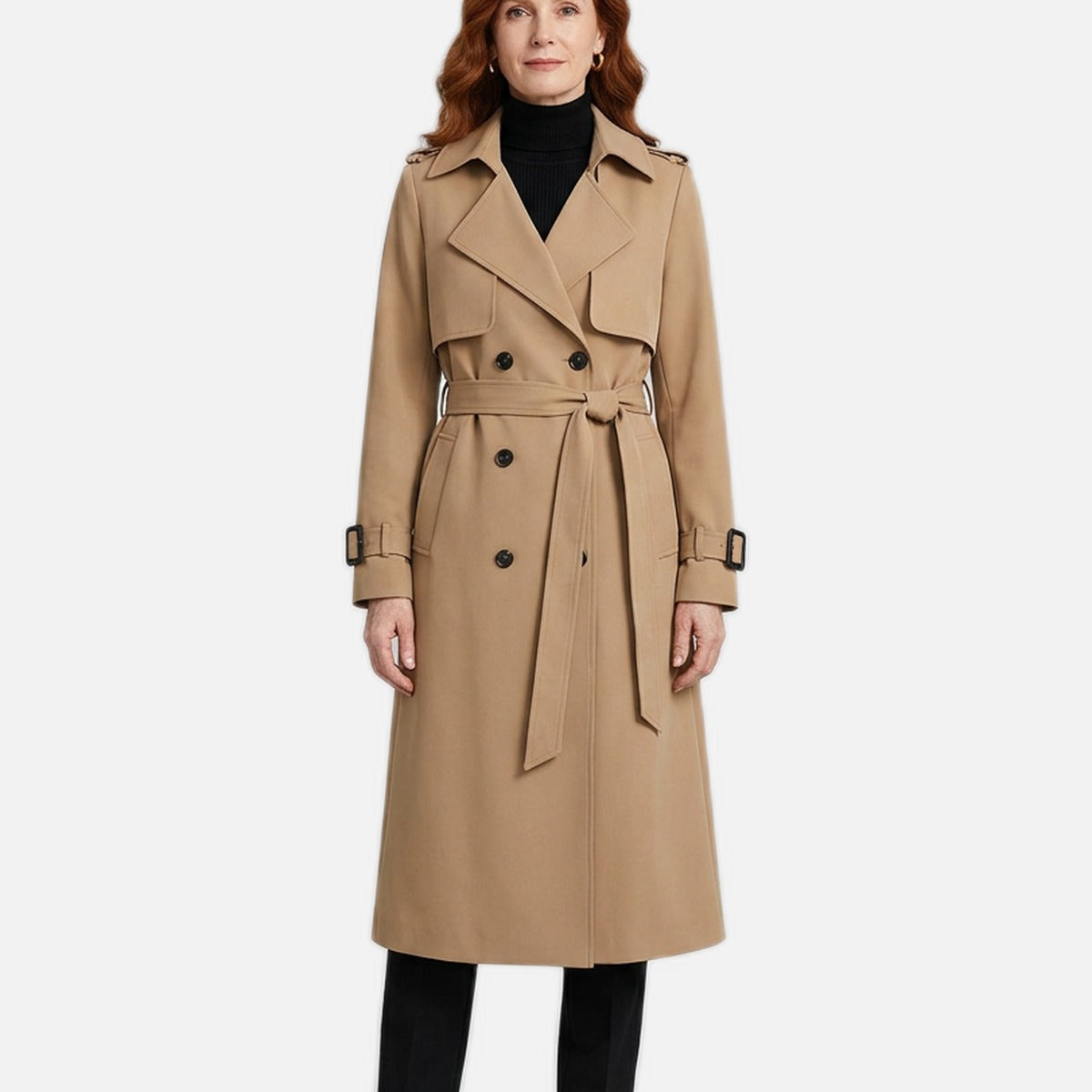 Women's Maxi Trench Coat – Double Breasted, Belted, Relaxed Fit
