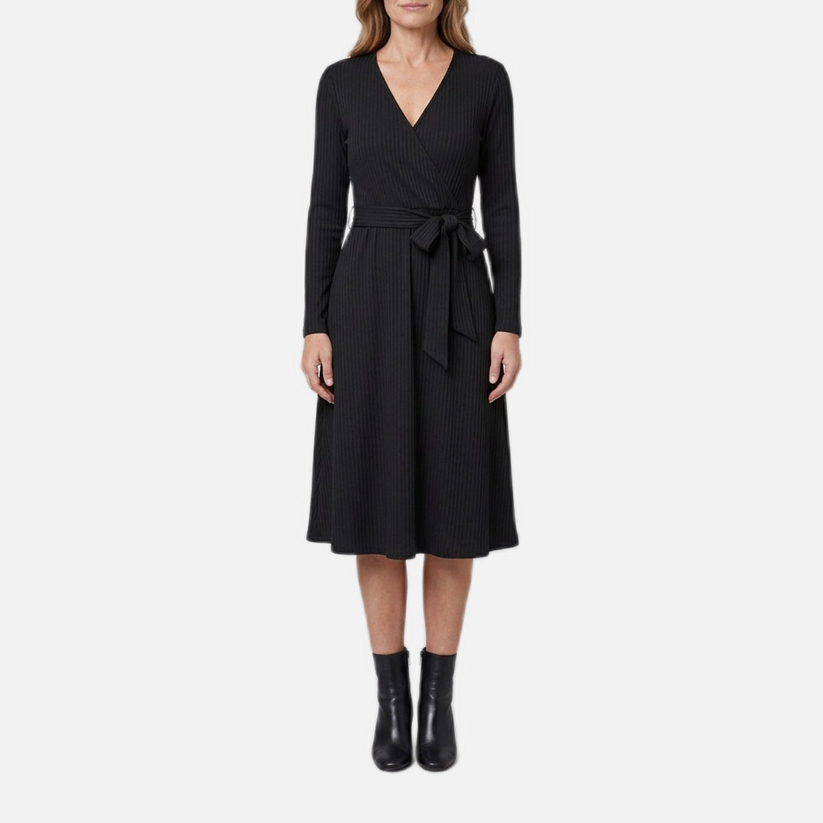 Women's Knit Midi Dress – Ribbed Polyester, Belted with Pockets