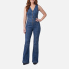 Women's Denim Jumpsuit – Fitted V-Neck, Flared Legs