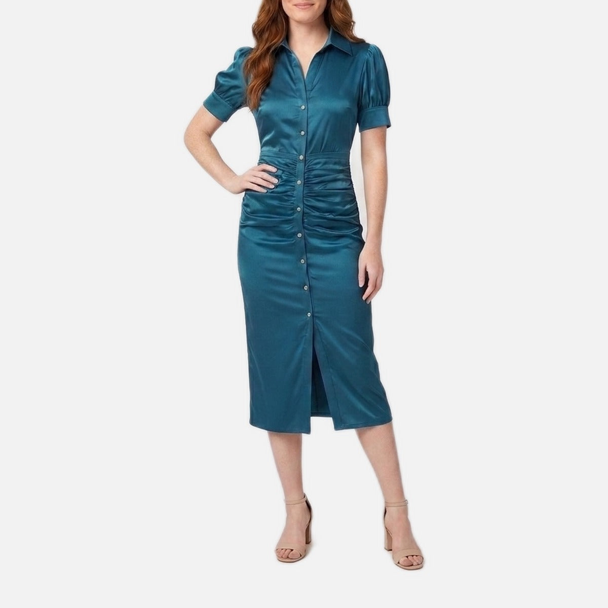 Women's Midi Dress – Satin, Ruched Waist, Collared Neckline