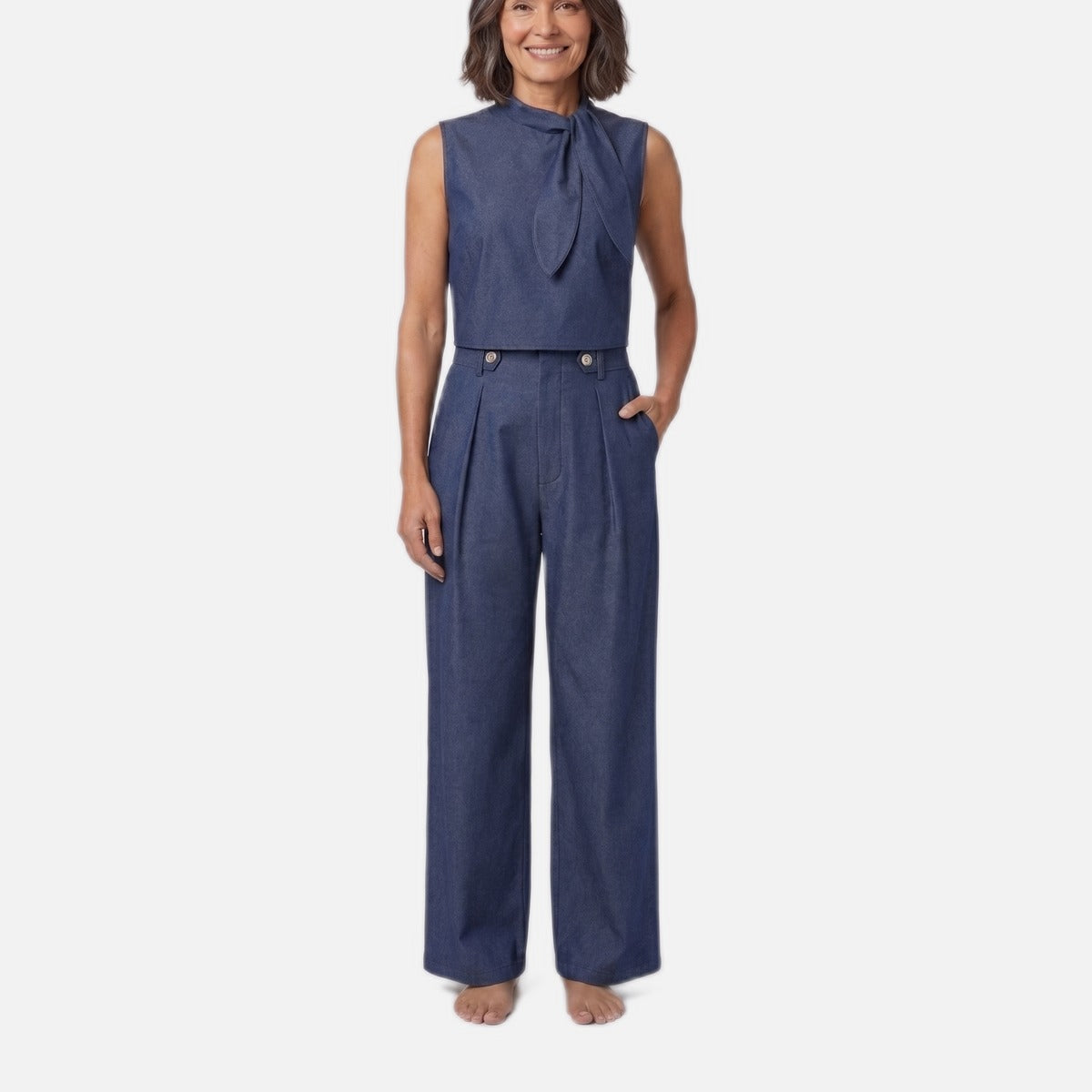 Women's Blouse and Trouser Set – Cotton Blend, Tie Neck