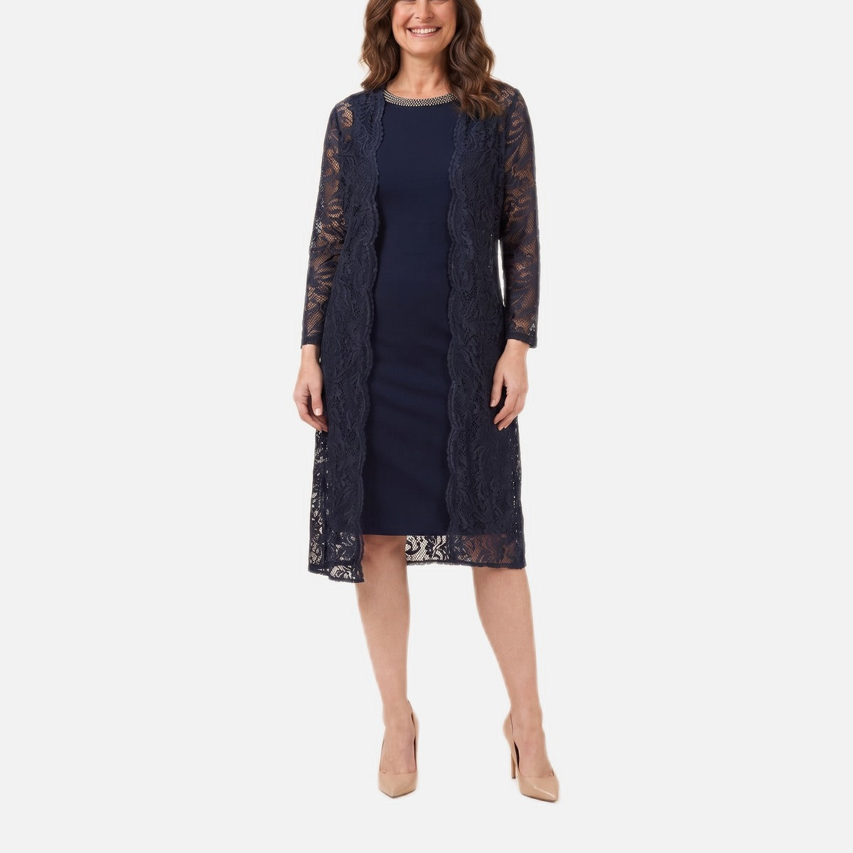 Women's Sheath Dress – Lace Duster, Beaded Neckline