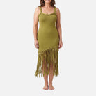 Women's Olive Midi Dress – Long Sleeve, Knit, Square Neckline