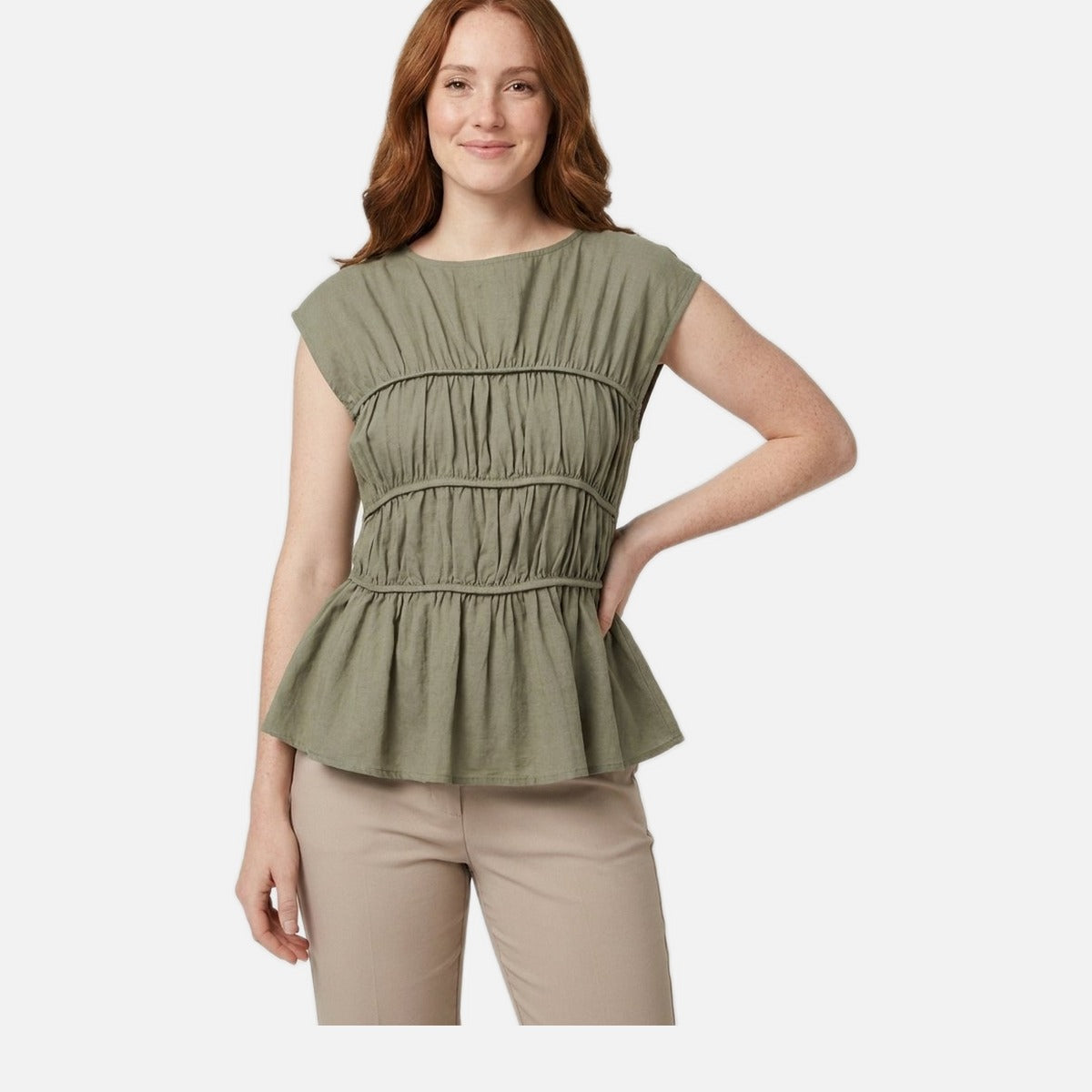 Women's Top – Lightweight Peplum, Ruched Waist, Cap Sleeve