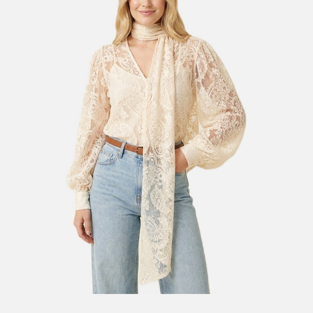Women's Lace Shirt – Long Sleeve, V-Neck, Loose Fit