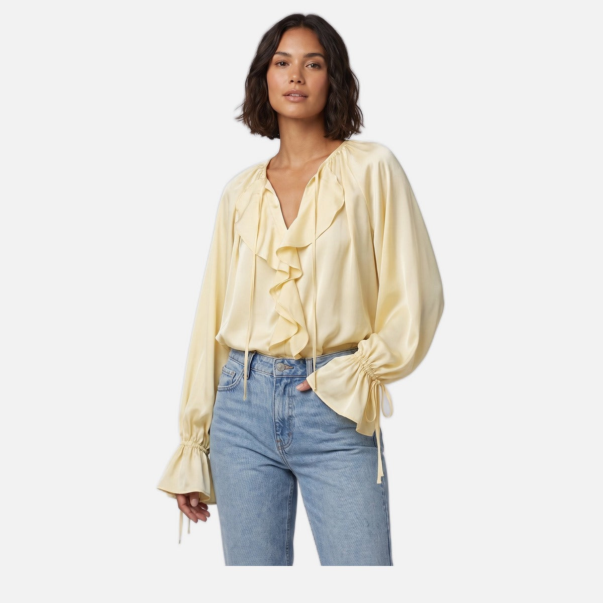 Women's Silk-Blend Blouse – Ruffle Trim, Adjustable Sleeves