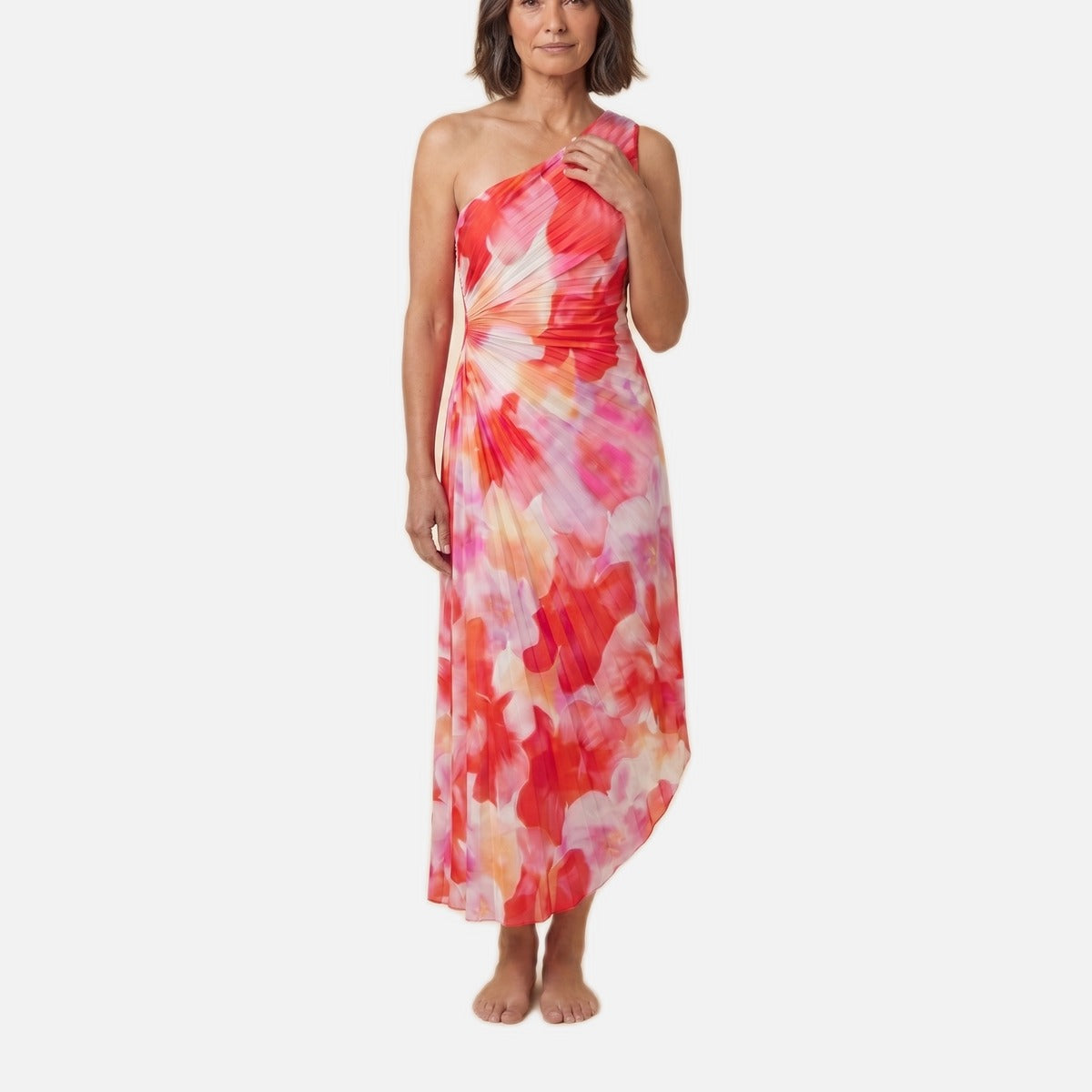 Women's Midi Dress – One Shoulder, Pleated Bodice