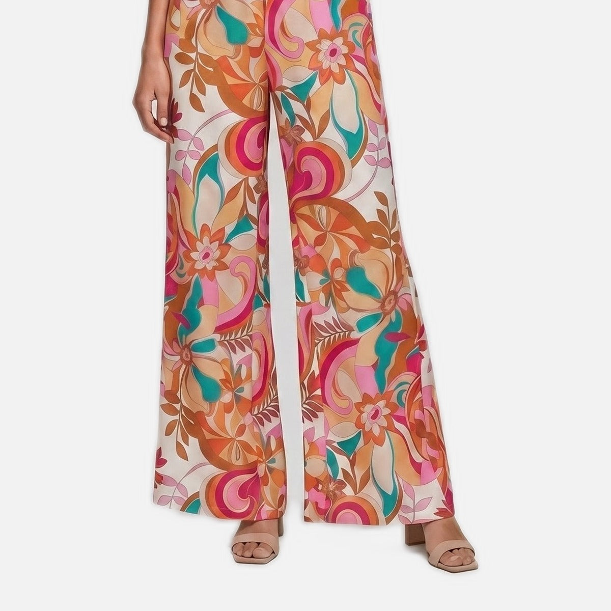 Women's Wide-Leg Trousers – Floral Print, High Waist, Flared Hem
