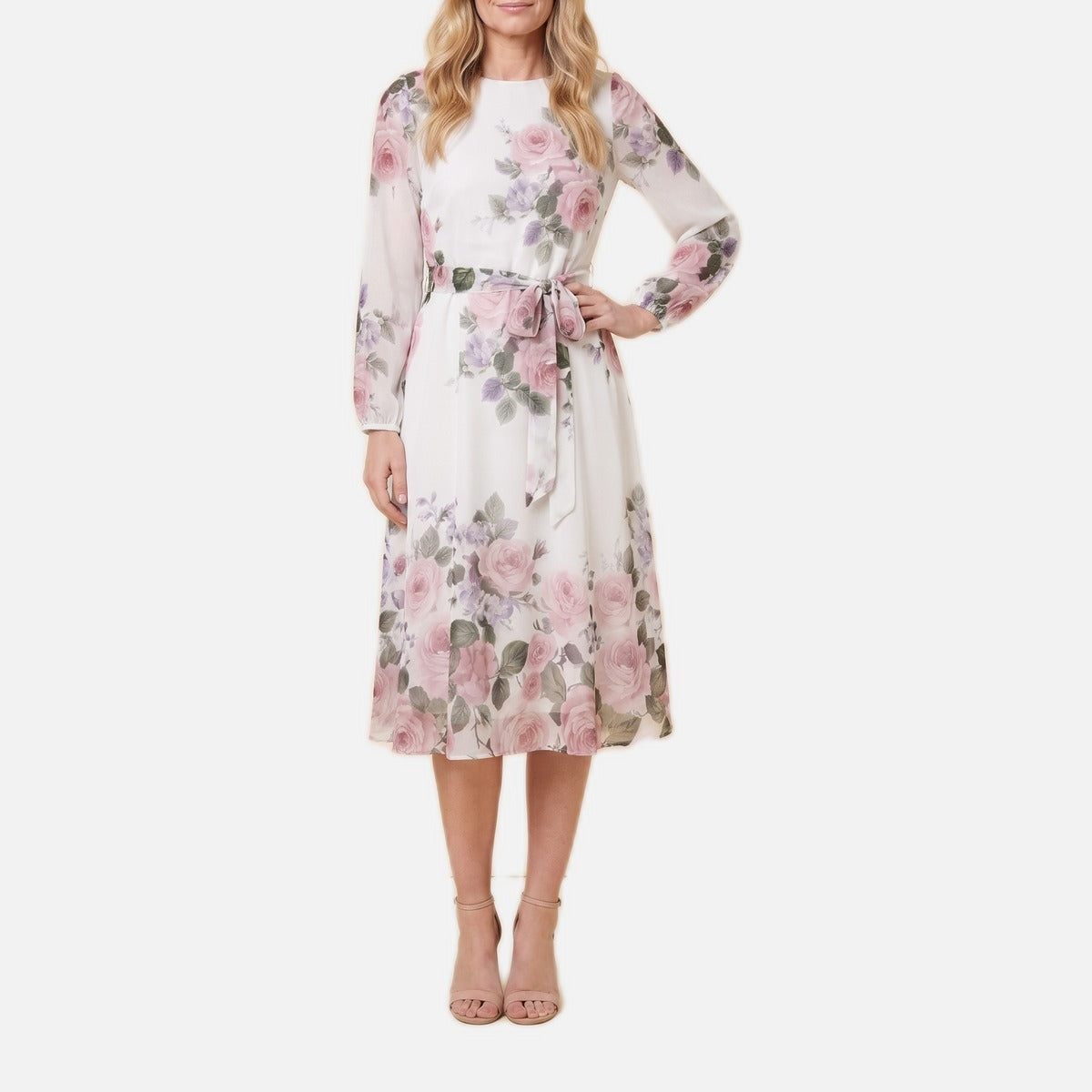 Women's Floral Midi Dress – A-Line, Long Sleeve, Tie Belt