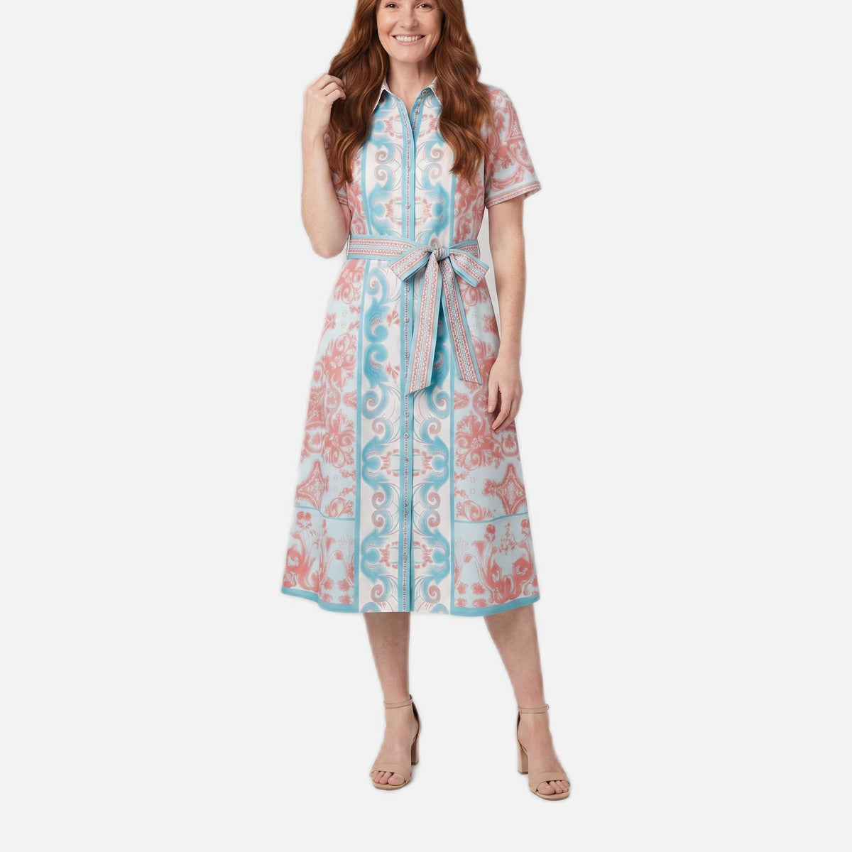 Women's Midi Dress – A-Line, Collared, Button Front, Belted