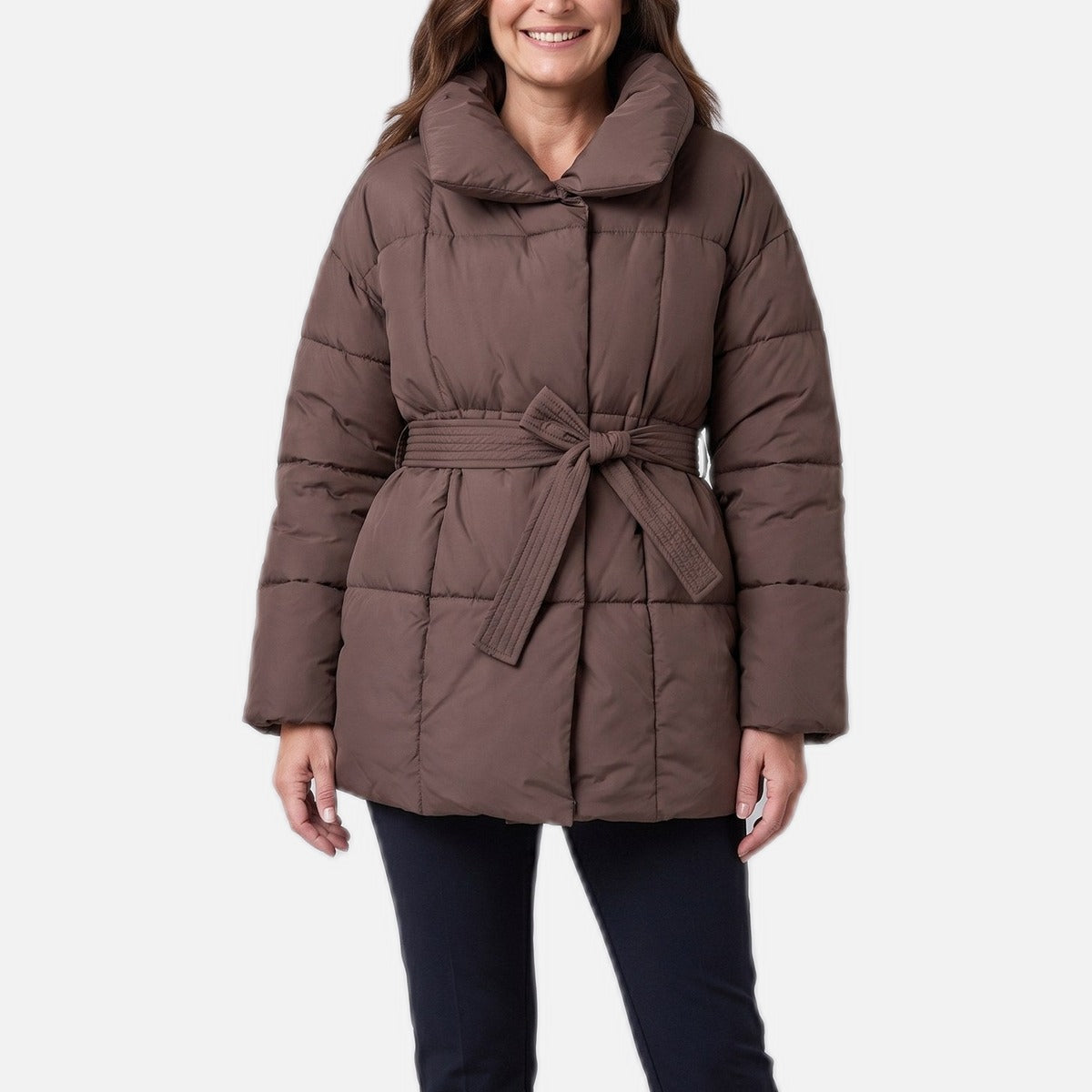 Women's Puffer Coat – Belted Waist, Down-Blend, Knee Length